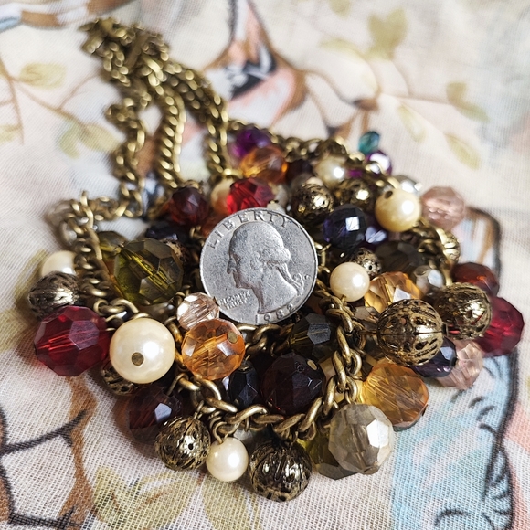 2 Strand Oxidized Brass Beaded Faux Pearl Bauble Beaded Filigree Balls Necklace - Picture 7 of 8